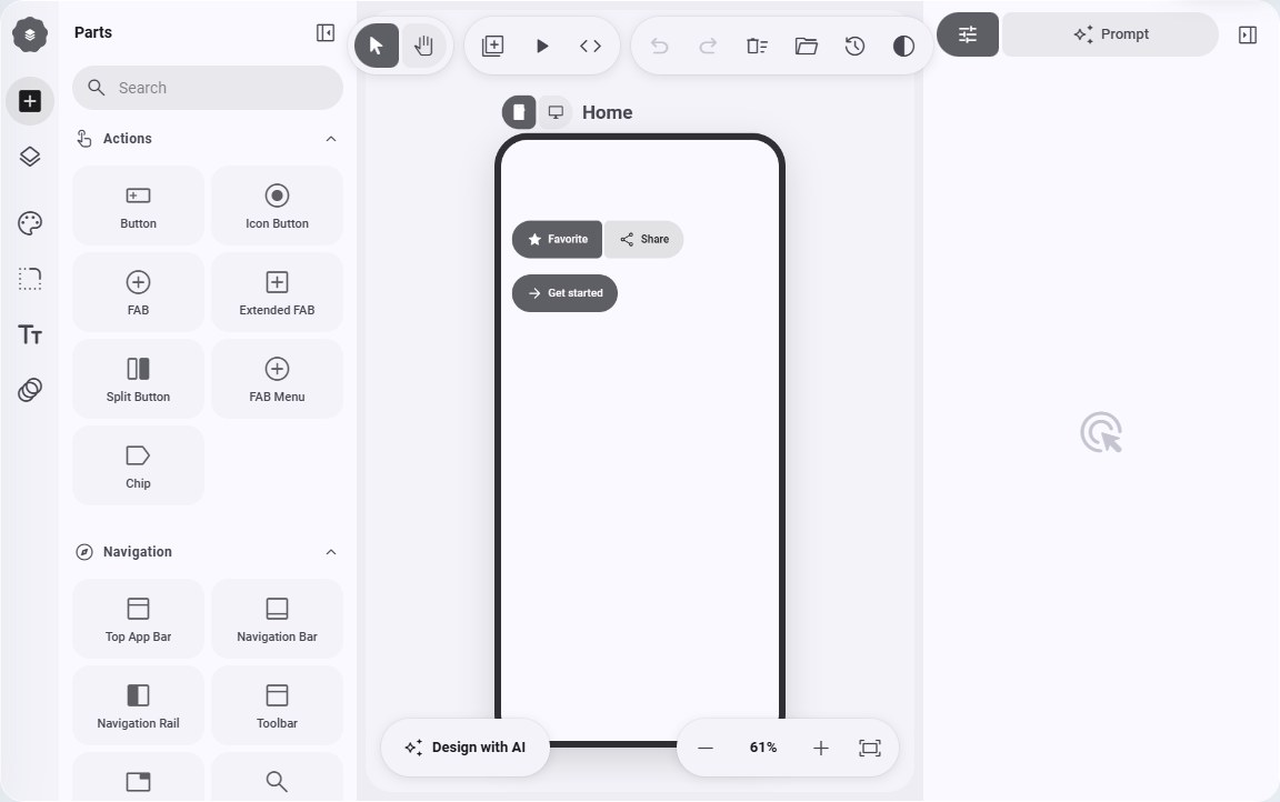 Noah's Interface design screen: a parts library on the left, a phone-shaped canvas in the middle, a prompt panel on the right and a Design with AI button.